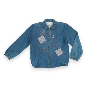 VINTAGE TEDDI Women's Denim Full Zip Floral Embroidered Jean‎ Jacket Size Large